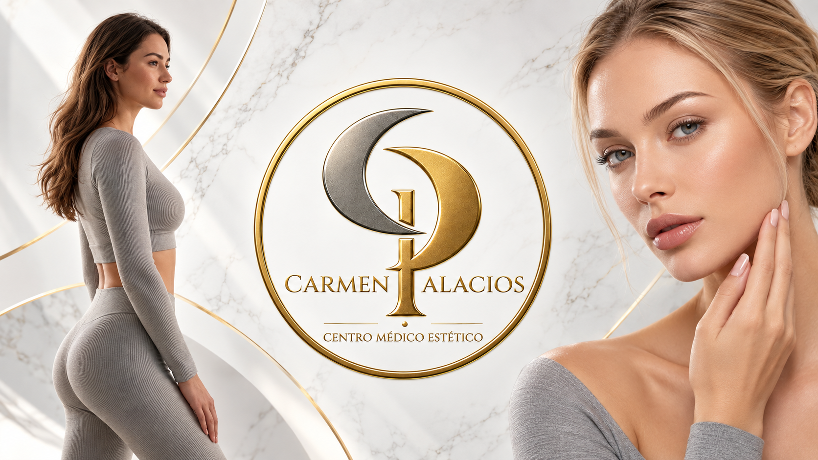 Composición de marca Carmen Palacios en blanco, gris y dorado con modelos de belleza